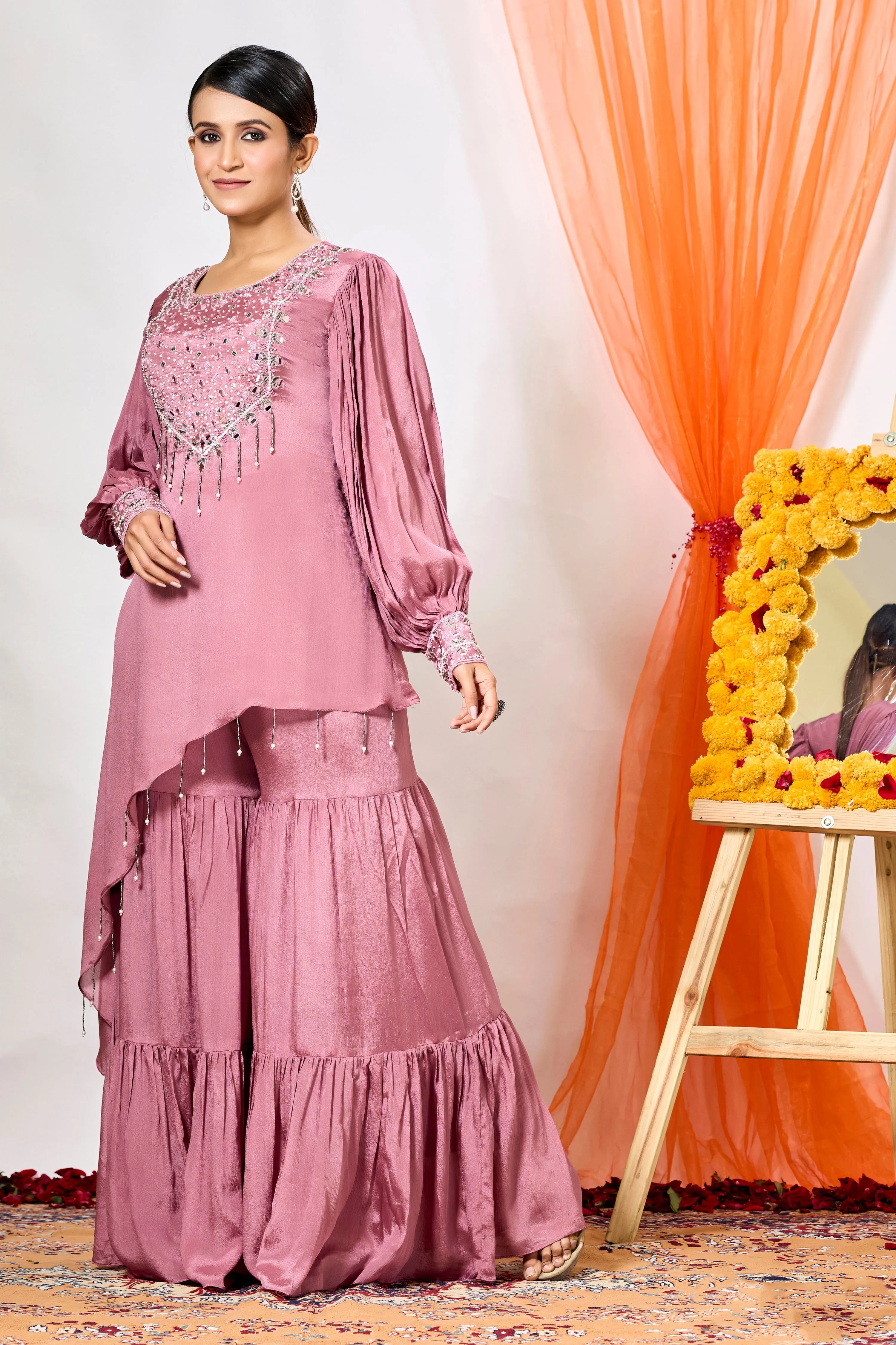 Blush Pink Embellished Chinon Silk Tunic & Sharara Set