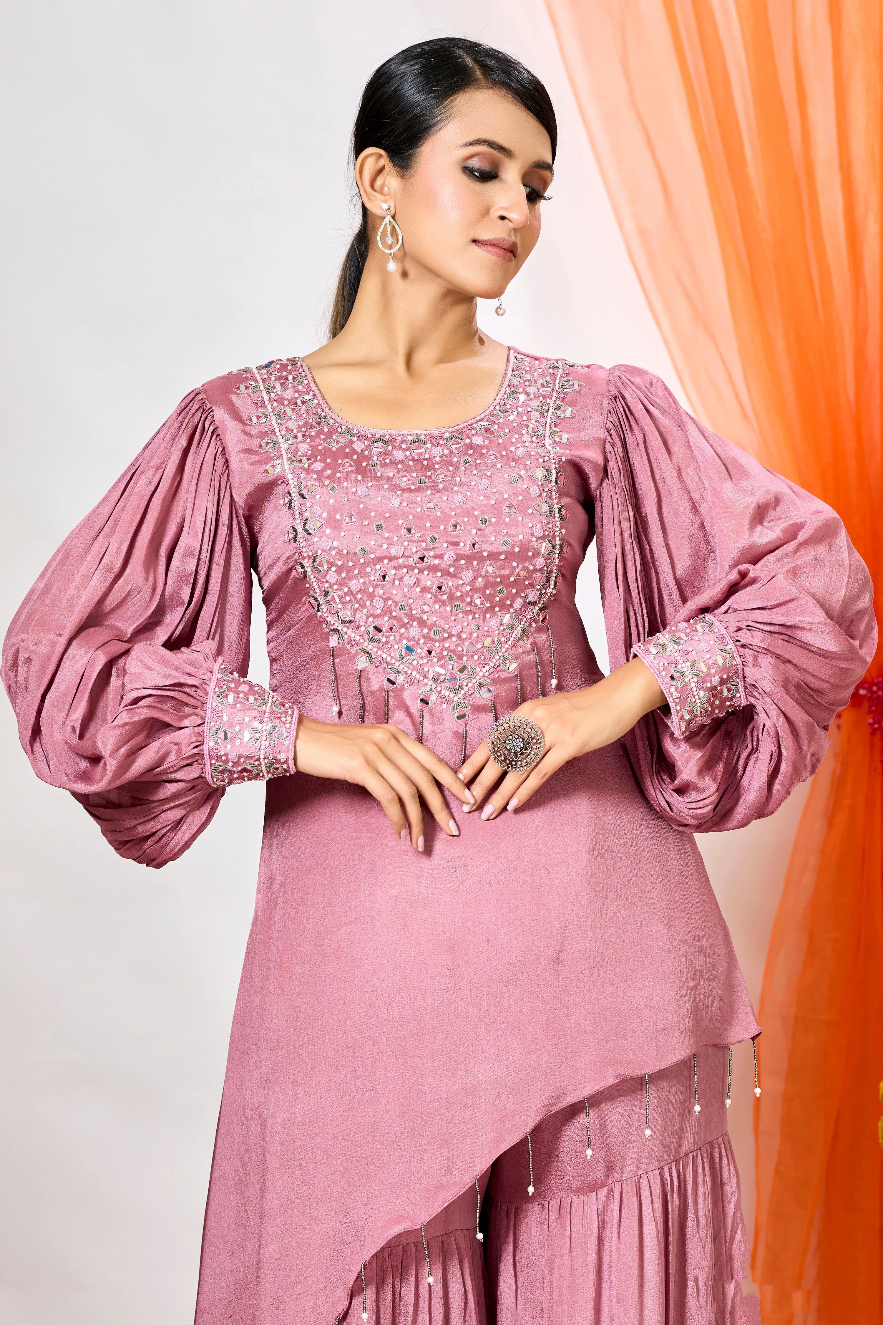 Blush Pink Embellished Chinon Silk Tunic & Sharara Set