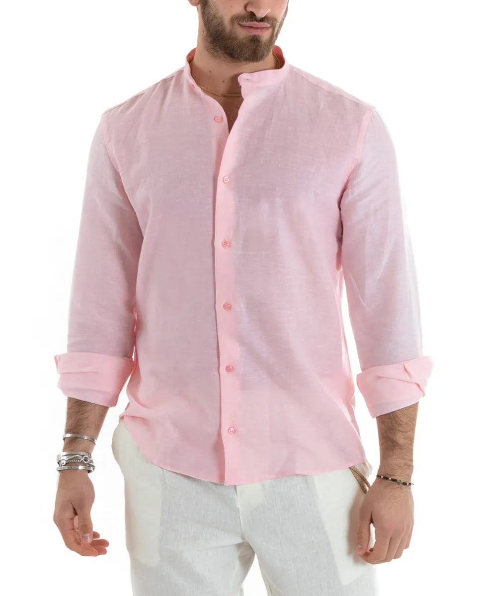 Camicia Uomo Collo Coreano Manica Lunga Lino Tinta Unita Sartoriale Rosa GIOSAL-C2679A