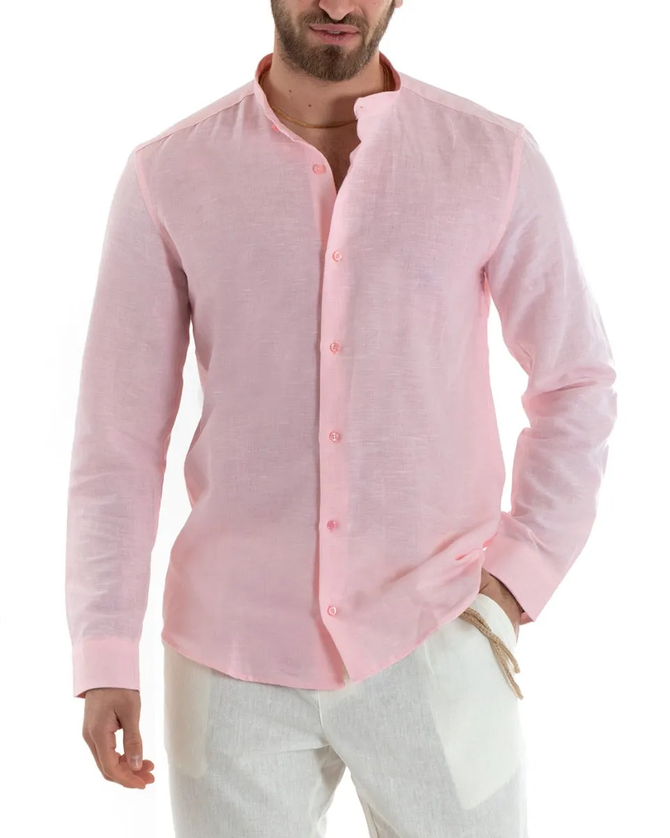 Camicia Uomo Collo Coreano Manica Lunga Lino Tinta Unita Sartoriale Rosa GIOSAL-C2679A