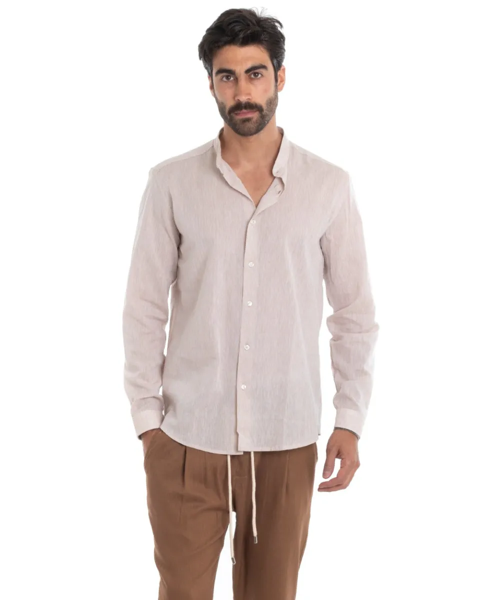 Camicia Uomo Collo Coreano Manica Lunga Regular Fit Lino Melangiata Sartoriale Beige GIOSAL-C2383A