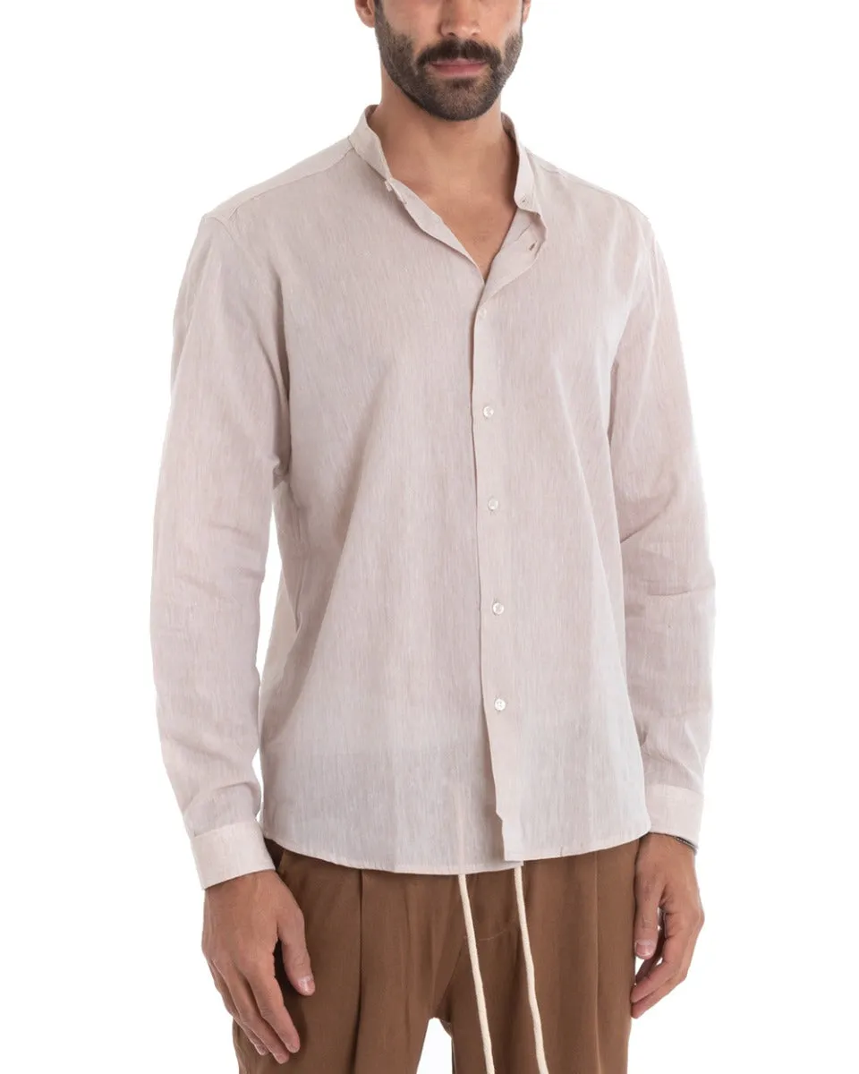 Camicia Uomo Collo Coreano Manica Lunga Regular Fit Lino Melangiata Sartoriale Beige GIOSAL-C2383A