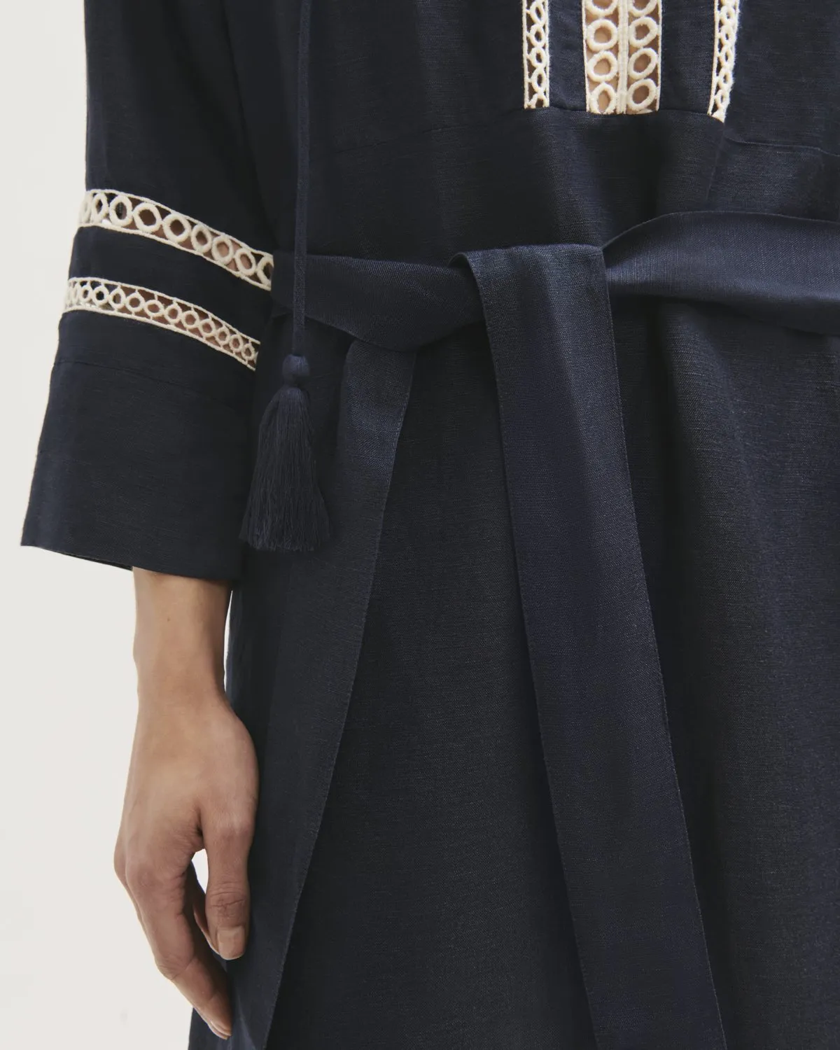 Caya Broderie Linen Blend Dress | Navy