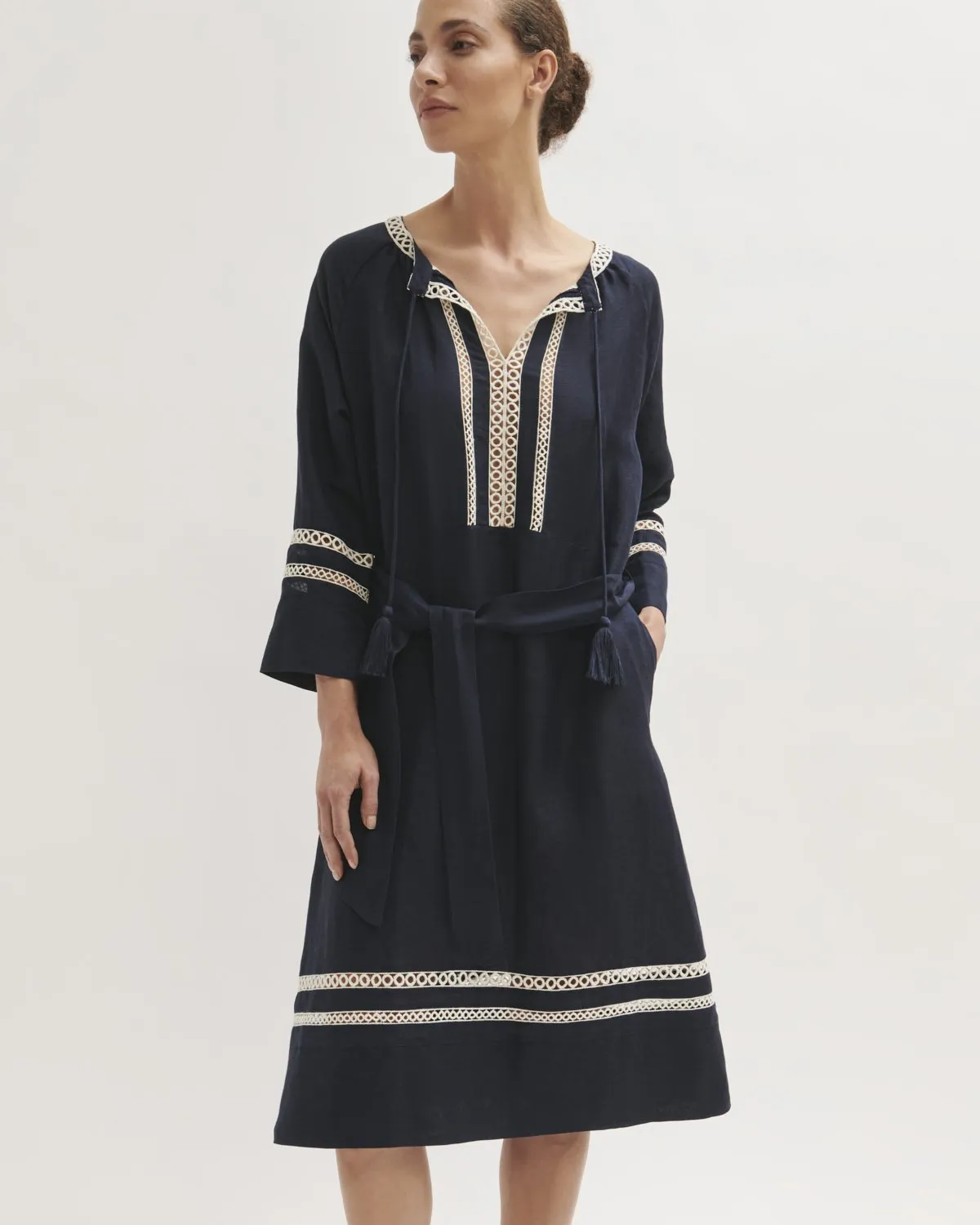 Caya Broderie Linen Blend Dress | Navy