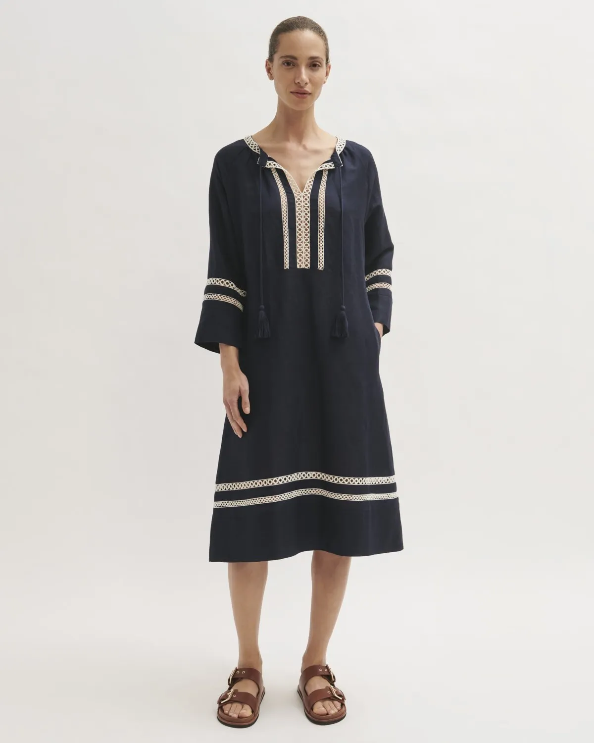 Caya Broderie Linen Blend Dress | Navy