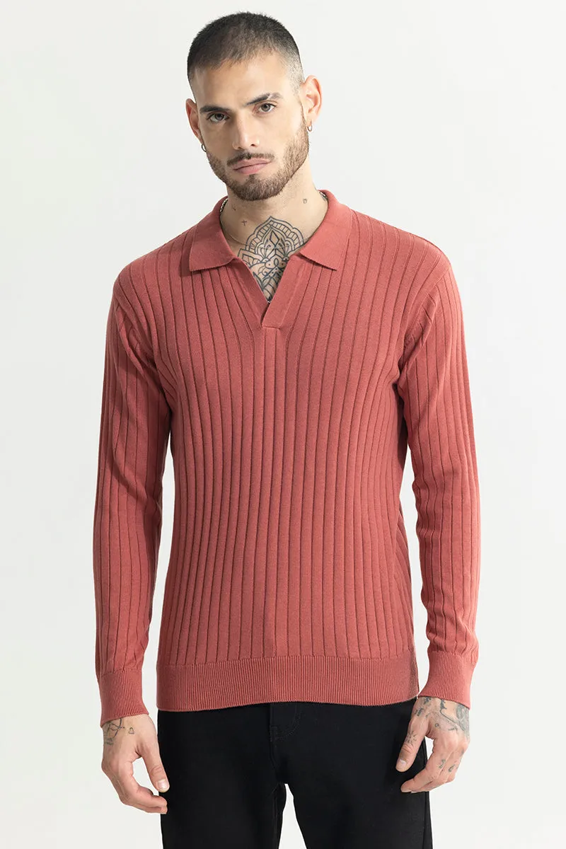 Chunky Ribbed Knitted Pink Polo T-Shirt