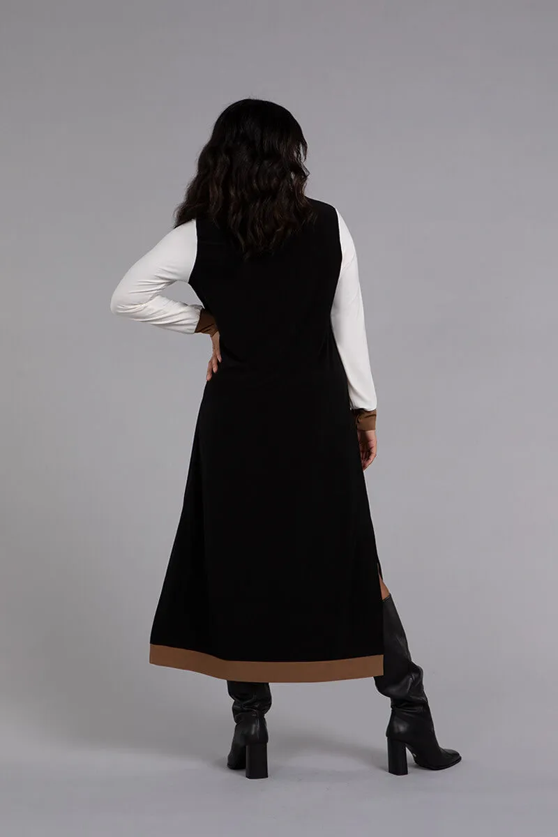 Colour Block Step Hem Dress | Black/Ivory/Tobacco