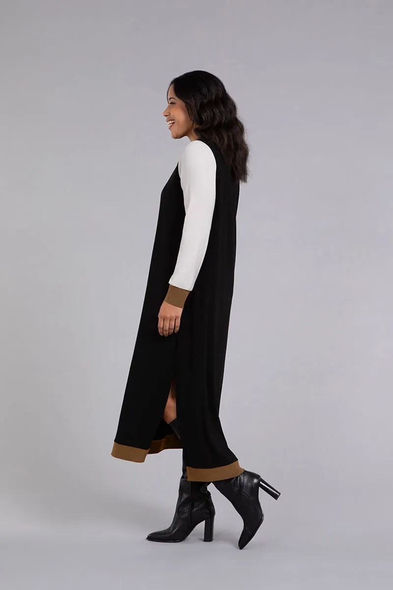 Colour Block Step Hem Dress | Black/Ivory/Tobacco