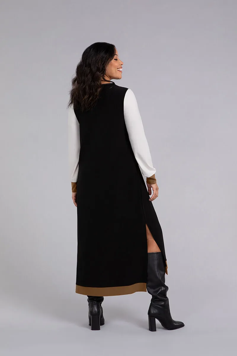 Colour Block Step Hem Dress | Black/Ivory/Tobacco