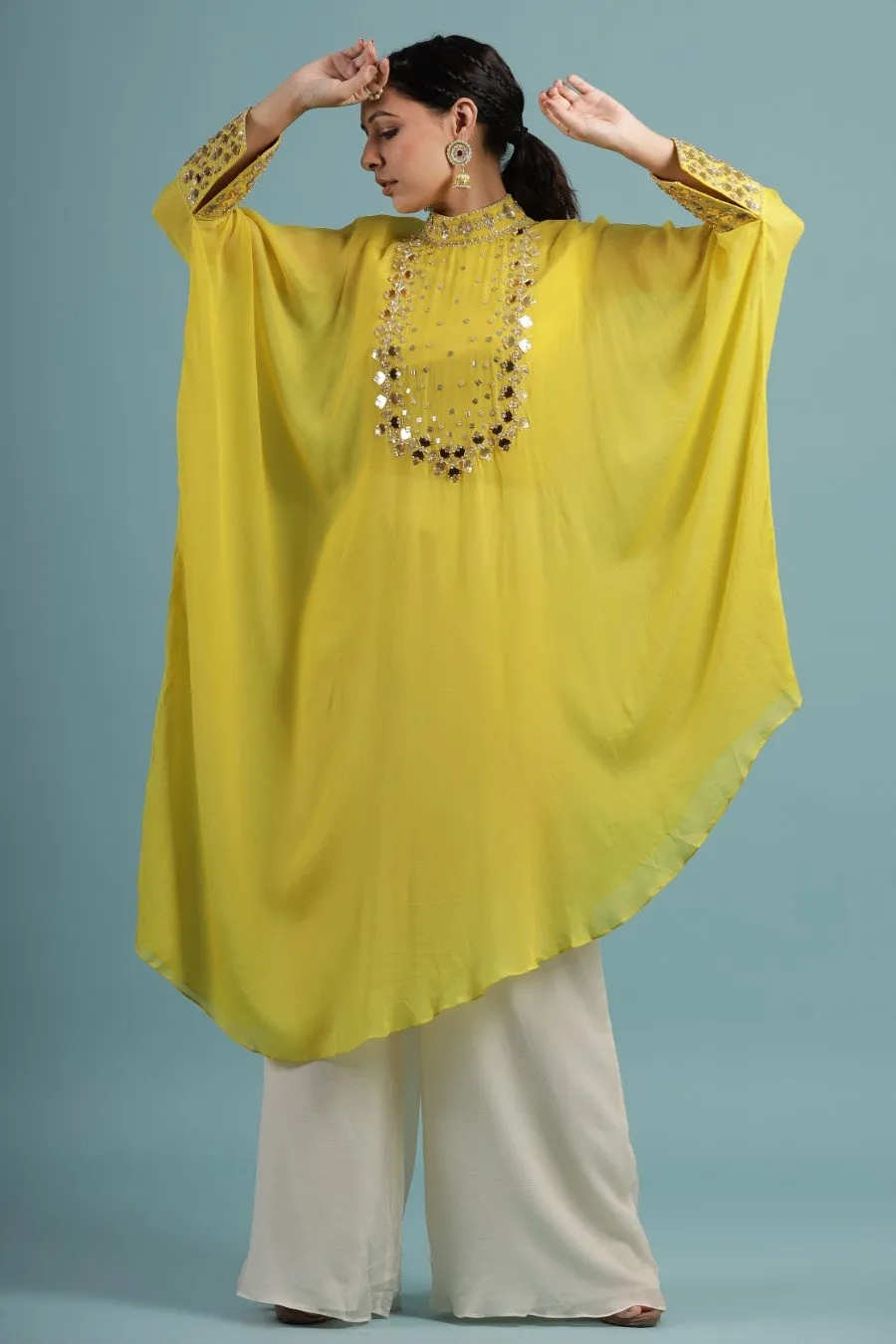 Corn Yellow Crystal Georgette Kaftan Tunic with Palazzo