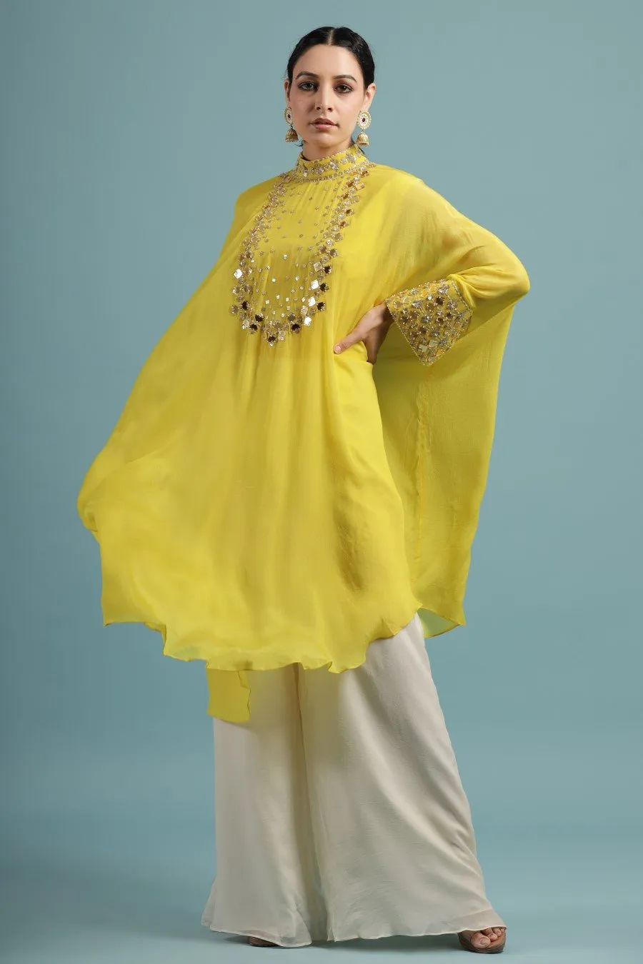 Corn Yellow Crystal Georgette Kaftan Tunic with Palazzo