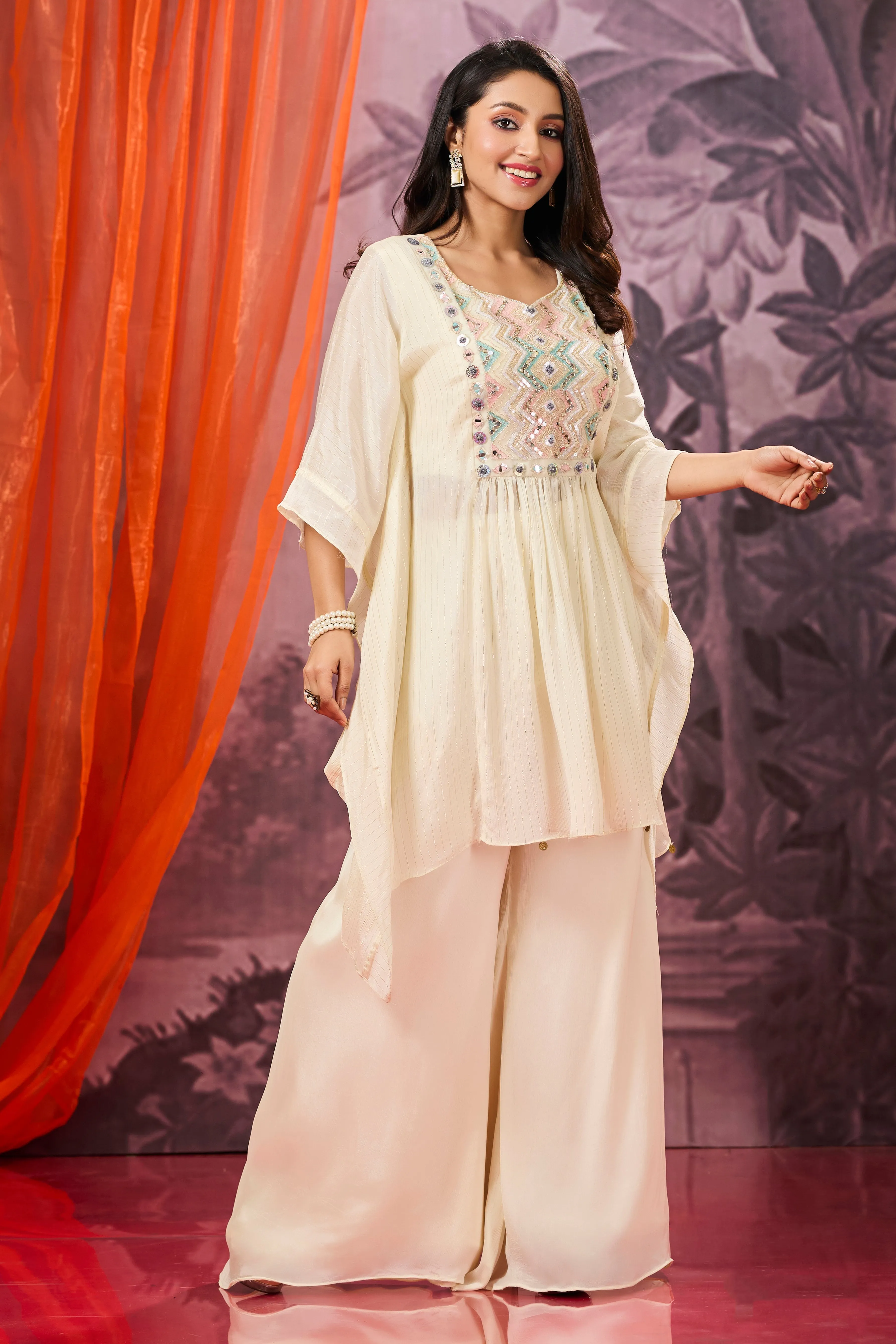 Cream Embroidered Premium Chinon Silk Co-Ord Set