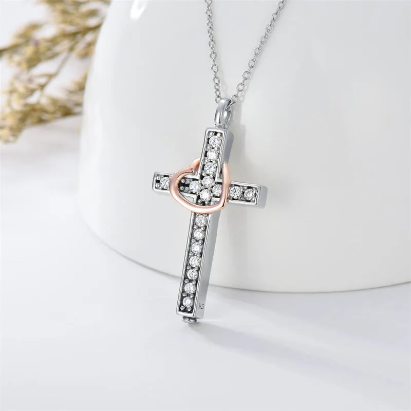 Cross Cremation Jewelry 925 Sterling Silver Urn Necklace Keepsake Ashes Hair Memorial Pendant Always in My Heart Locket for Women