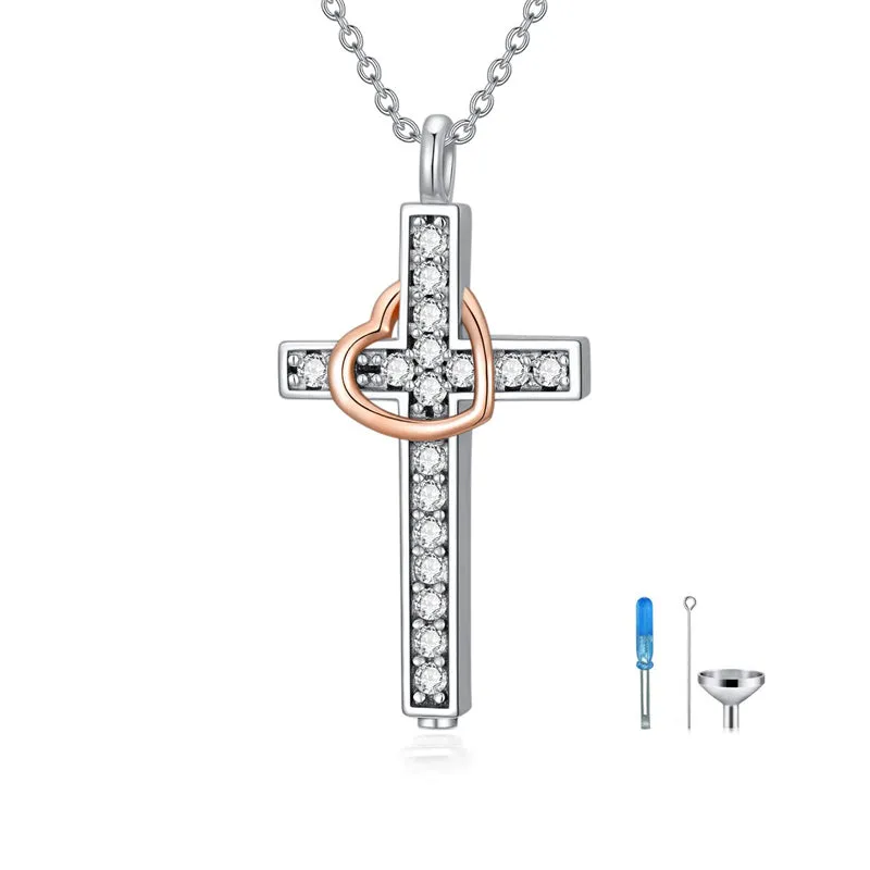 Cross Cremation Jewelry 925 Sterling Silver Urn Necklace Keepsake Ashes Hair Memorial Pendant Always in My Heart Locket for Women