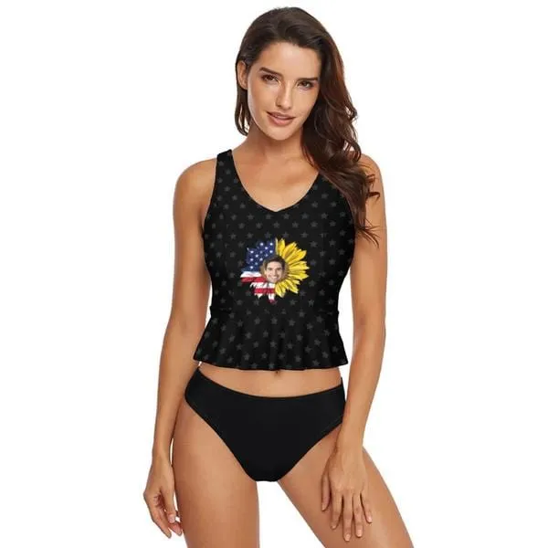 Custom Face Sunflower Flag V-Neck Tankini For Women 2 Pieces Swimsuit