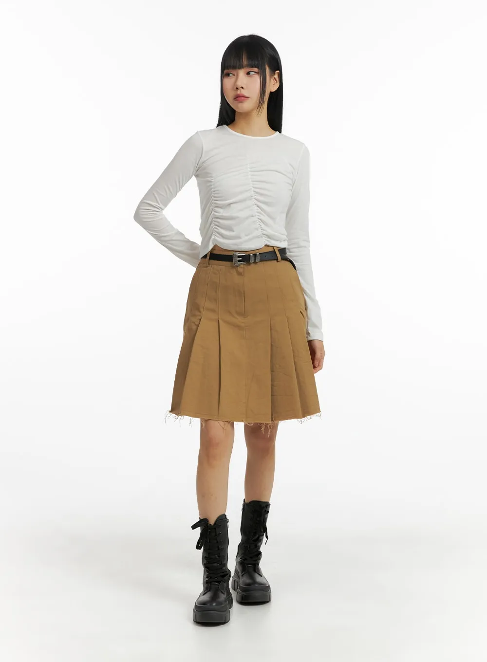 Destroyed Hem Pleated Midi Skirt CM407