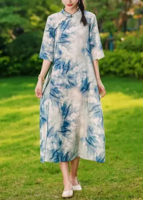 Elegant Blue Button Print Lace Up Linen Long Dresses Summer CG1029