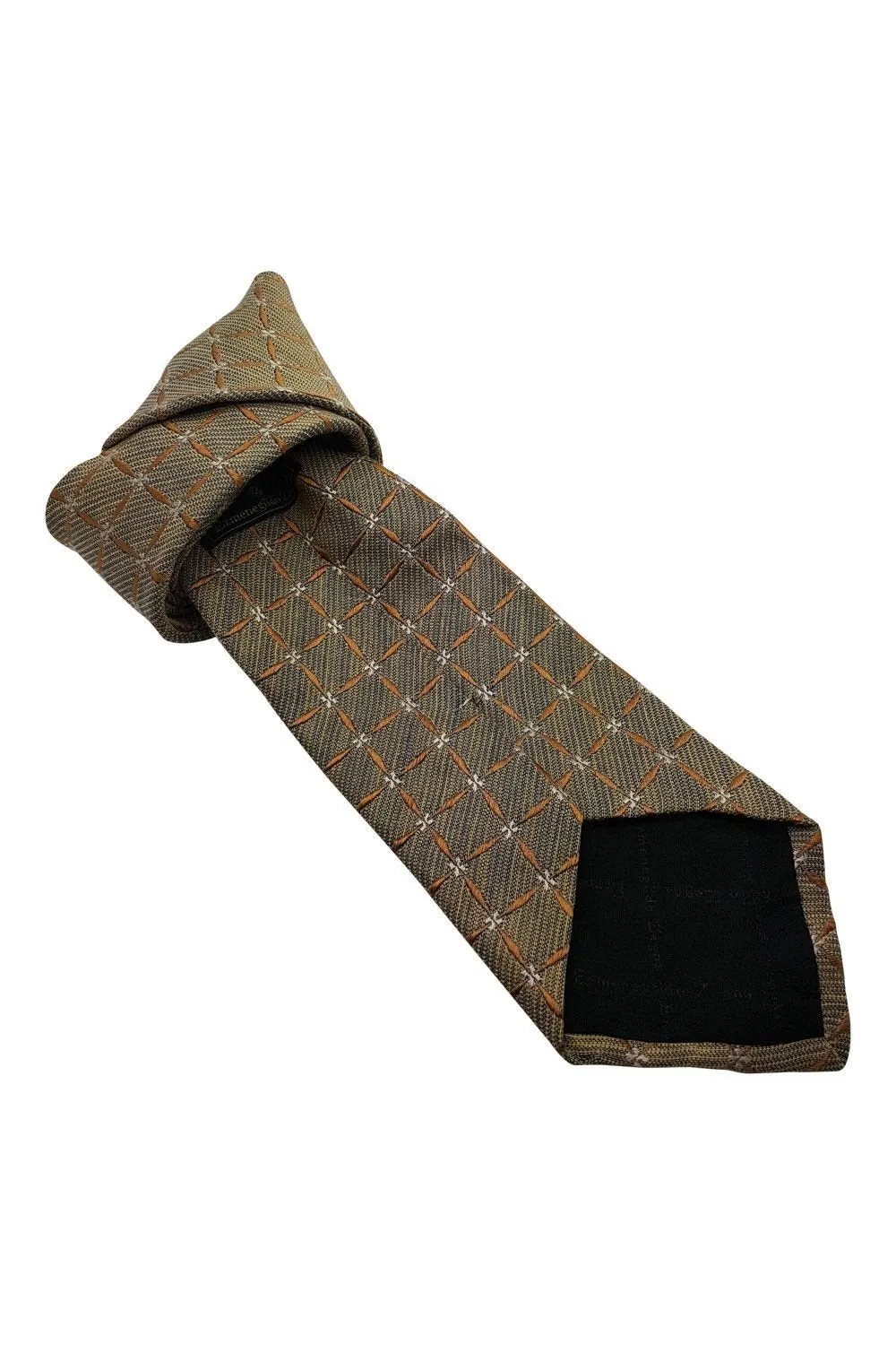 ERMENEGILDO ZEGNA 80% Silk Classic Length Designer Tie Gold Square Pattern (60)