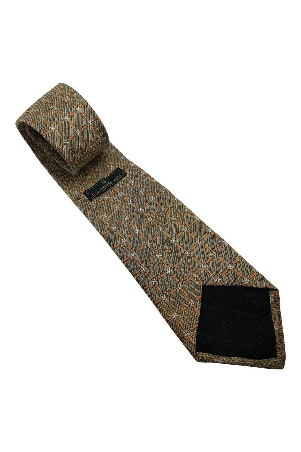 ERMENEGILDO ZEGNA 80% Silk Classic Length Designer Tie Gold Square Pattern (60)