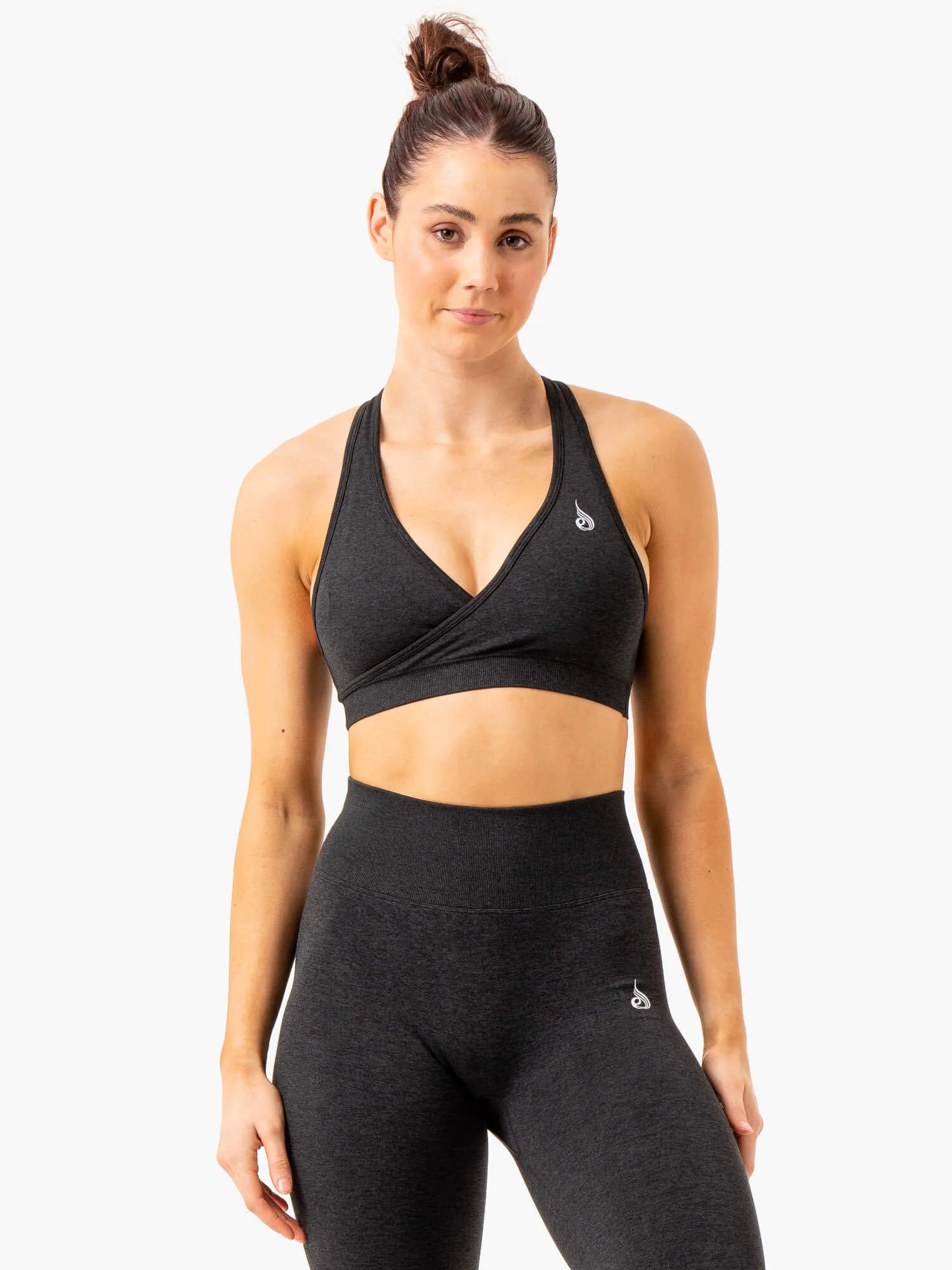 Essential Seamless Cross Over Sports Bra - Black Marl