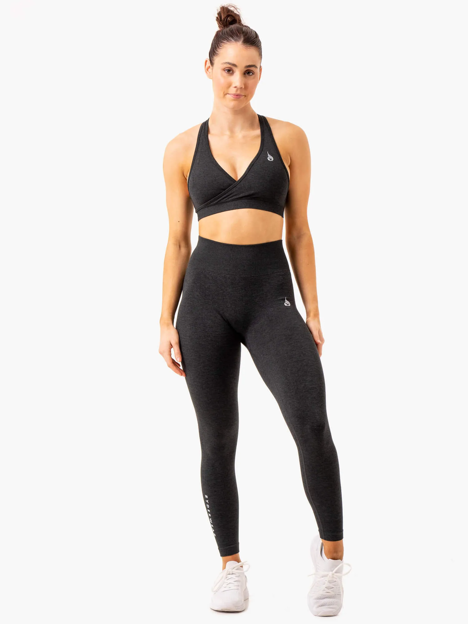 Essential Seamless Cross Over Sports Bra - Black Marl