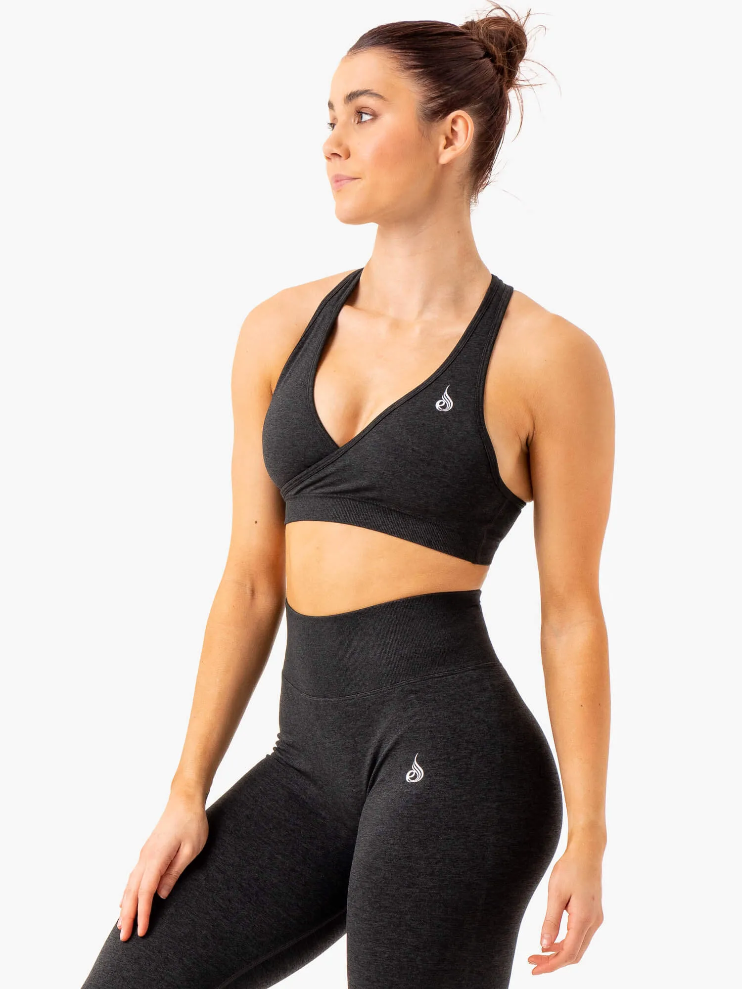 Essential Seamless Cross Over Sports Bra - Black Marl