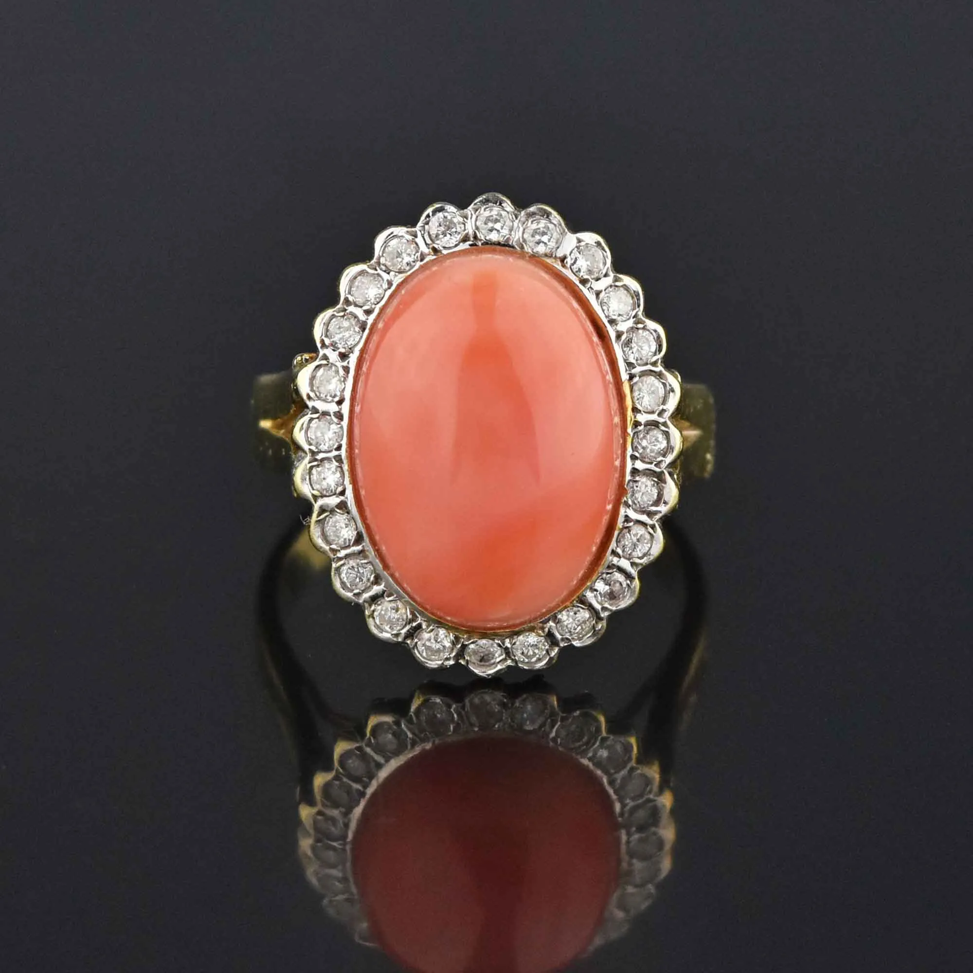 Estate Diamond Halo Coral Cabochon Cocktail Ring