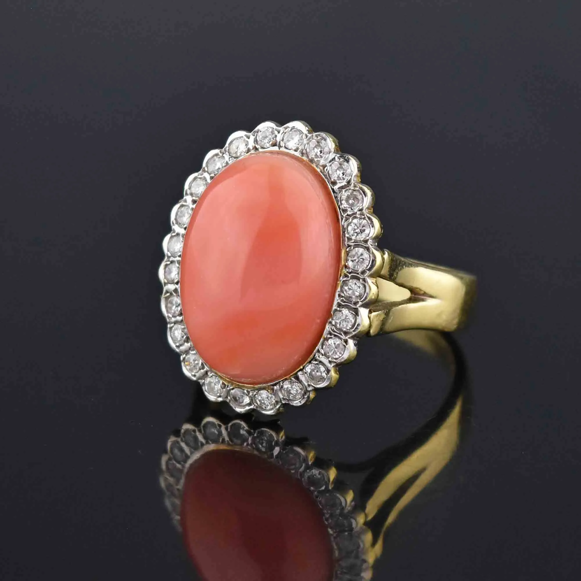 Estate Diamond Halo Coral Cabochon Cocktail Ring