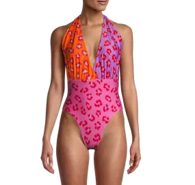 Farm Rio Women Orange Maxi Leopard Patch Front One Piece Swimwear