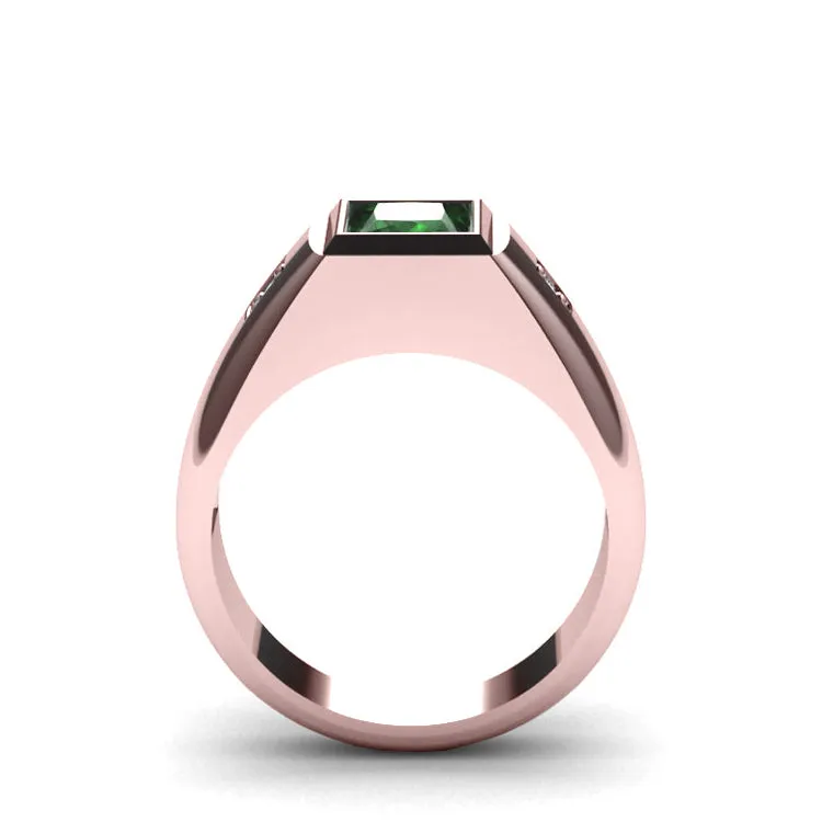 Fashion Men's Ring 10k Rose Gold with 0.06ct Diamonds Solitaire Emerald Domed Band Anniversary Gift