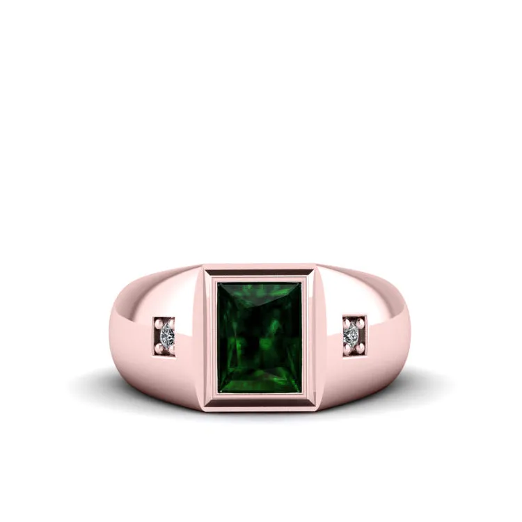 Fashion Men's Ring 10k Rose Gold with 0.06ct Diamonds Solitaire Emerald Domed Band Anniversary Gift