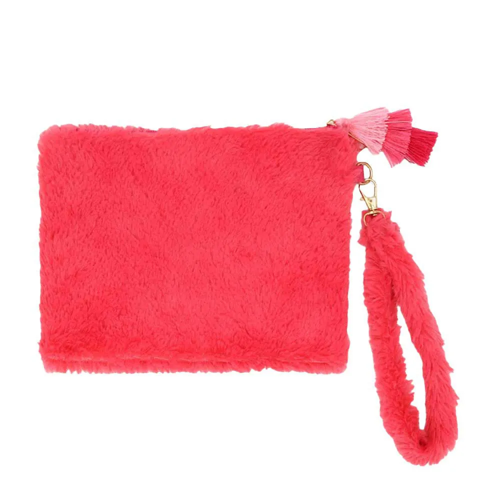 Faux Fur Tassel Pouch With Wristlet