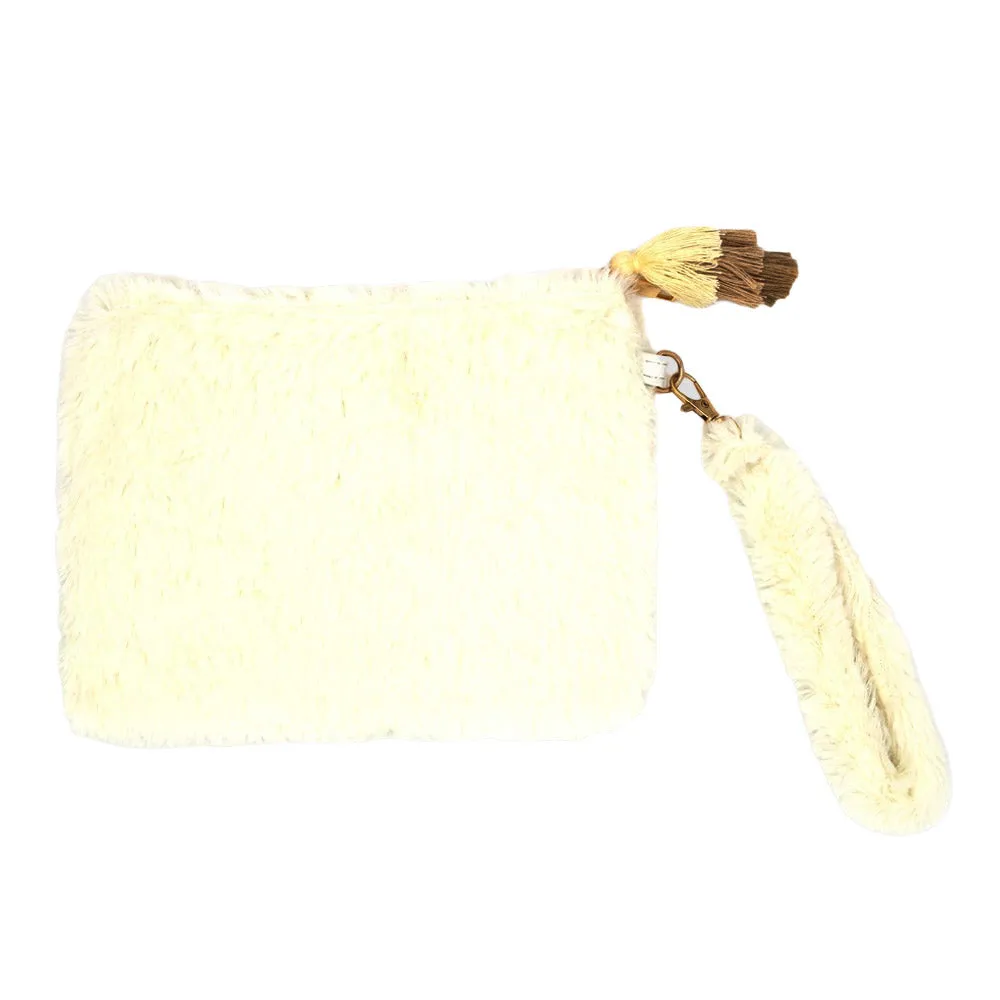 Faux Fur Tassel Pouch With Wristlet