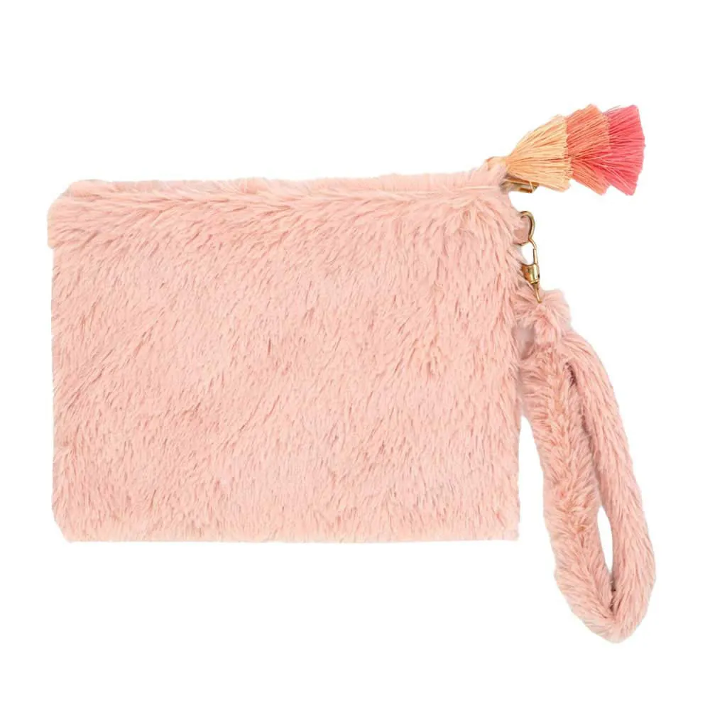 Faux Fur Tassel Pouch With Wristlet