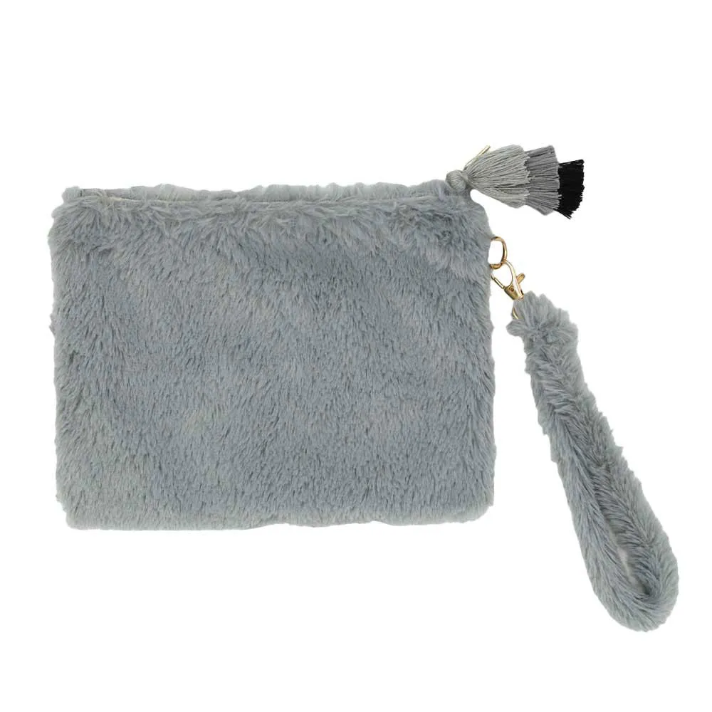 Faux Fur Tassel Pouch With Wristlet