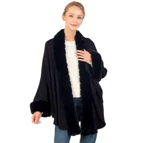 Faux Fur Trim and Cuffs Solid Shawl Poncho Cape Ruana