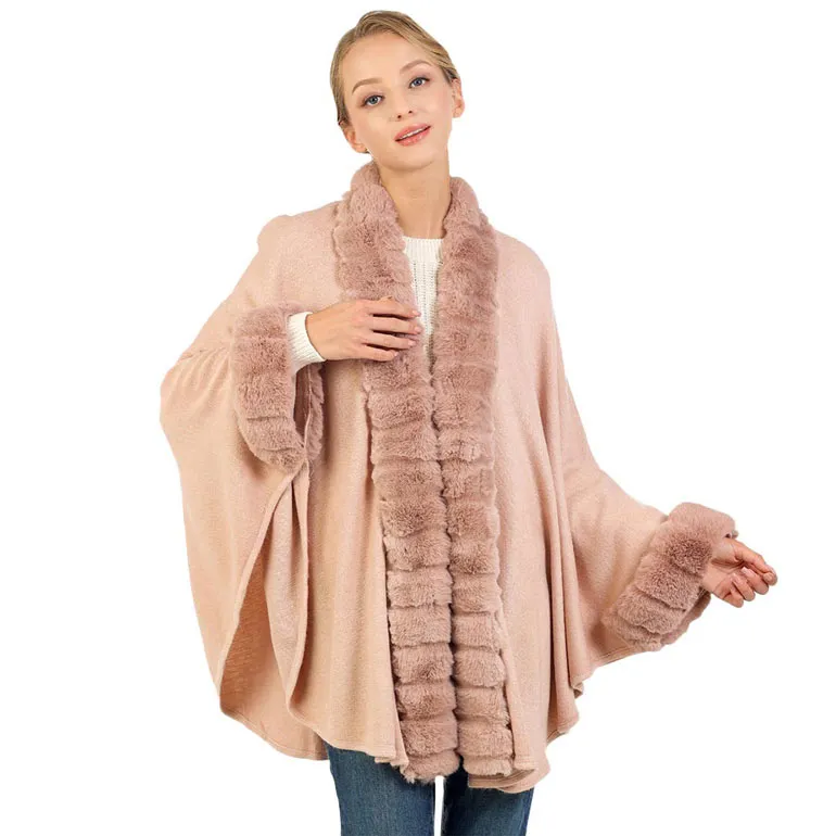 Faux Fur Trim and Cuffs Solid Shawl Poncho Cape Ruana