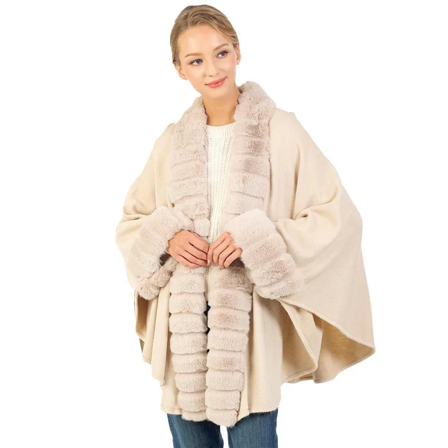 Faux Fur Trim and Cuffs Solid Shawl Poncho Cape Ruana