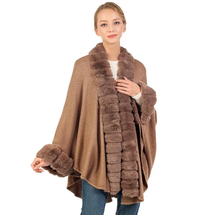 Faux Fur Trim and Cuffs Solid Shawl Poncho Cape Ruana