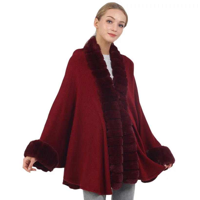 Faux Fur Trim and Cuffs Solid Shawl Poncho Cape Ruana