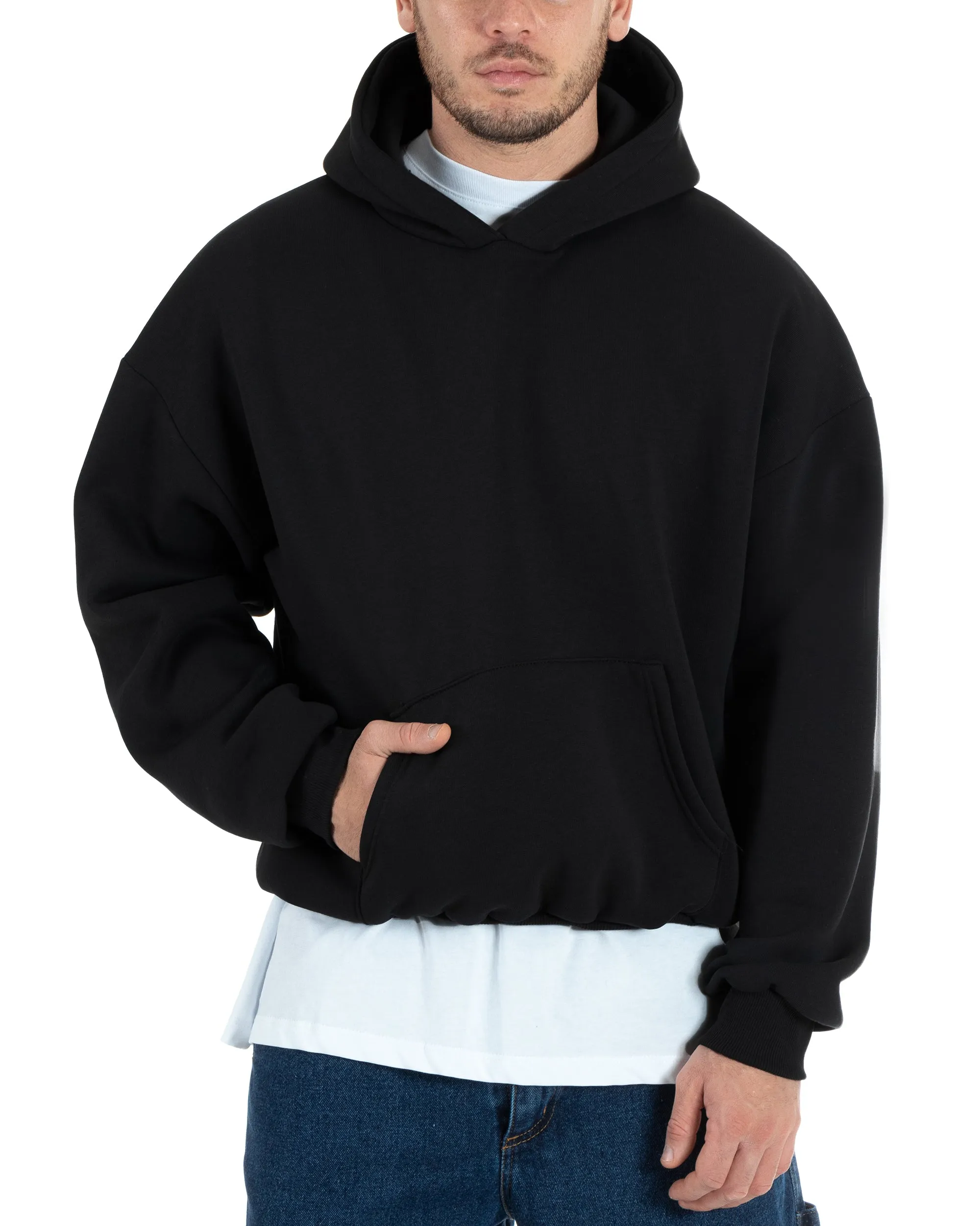 Felpa Con Cappuccio Uomo Boxy Fit Basic Felpata Comoda Tinta Unita Nero GIOSAL-F2994A