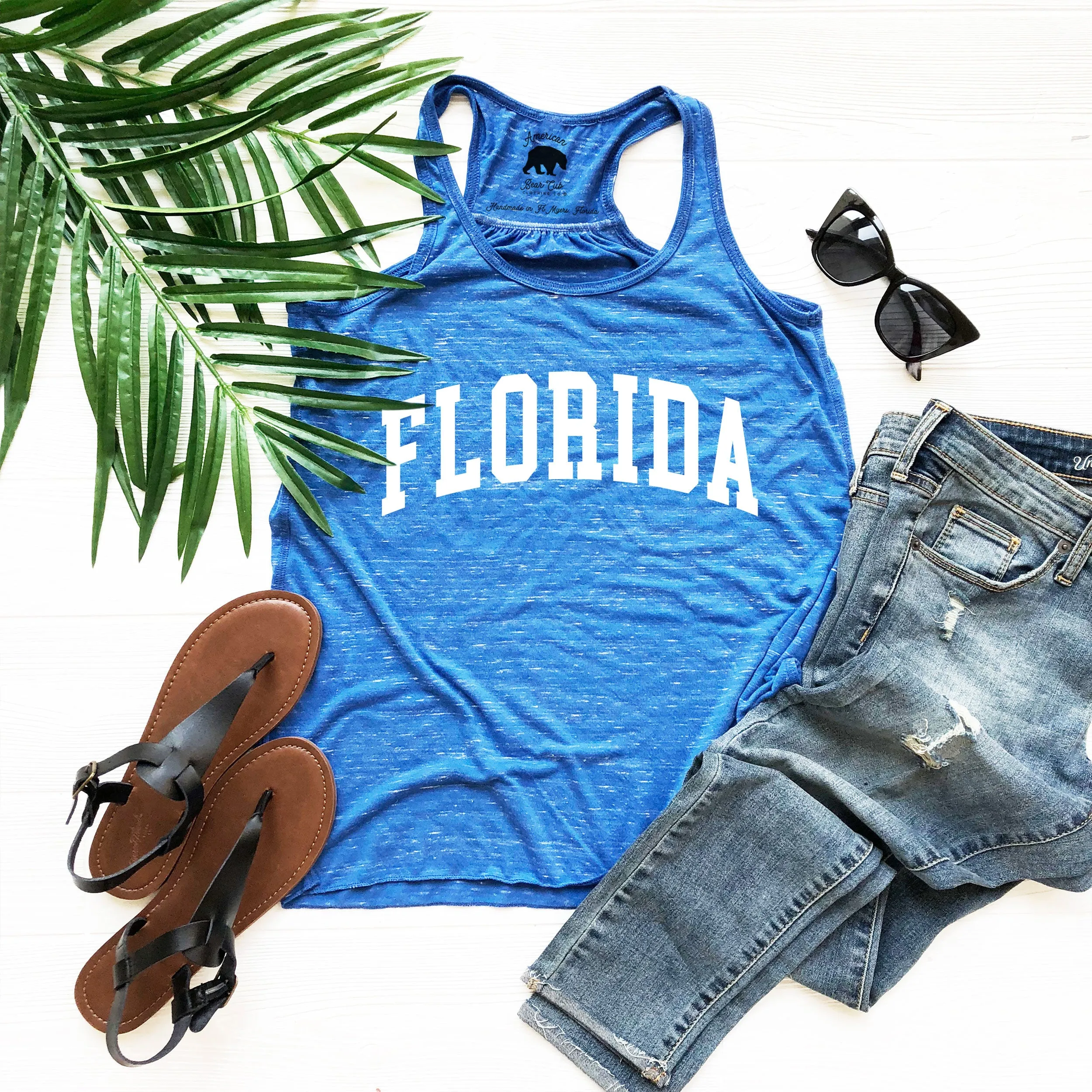 Florida block font flowy racerback tank tops - light or dark artwork