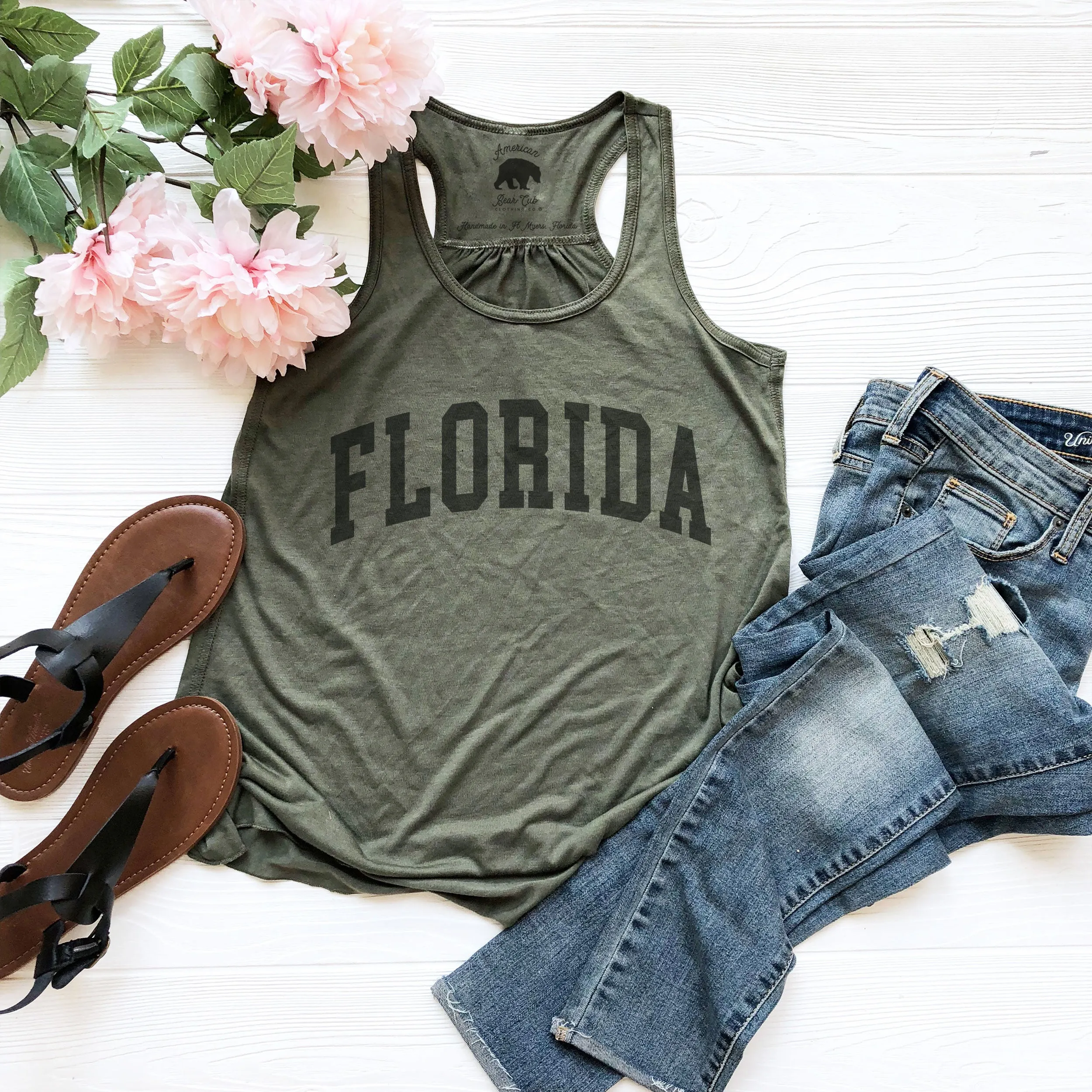 Florida block font flowy racerback tank tops - light or dark artwork