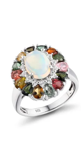 Flower Opal and Tourmaline 925 Sterling Silver Ring