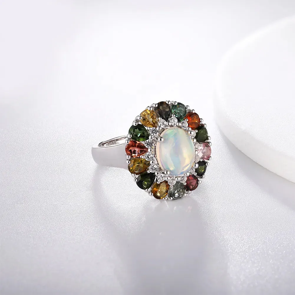 Flower Opal and Tourmaline 925 Sterling Silver Ring