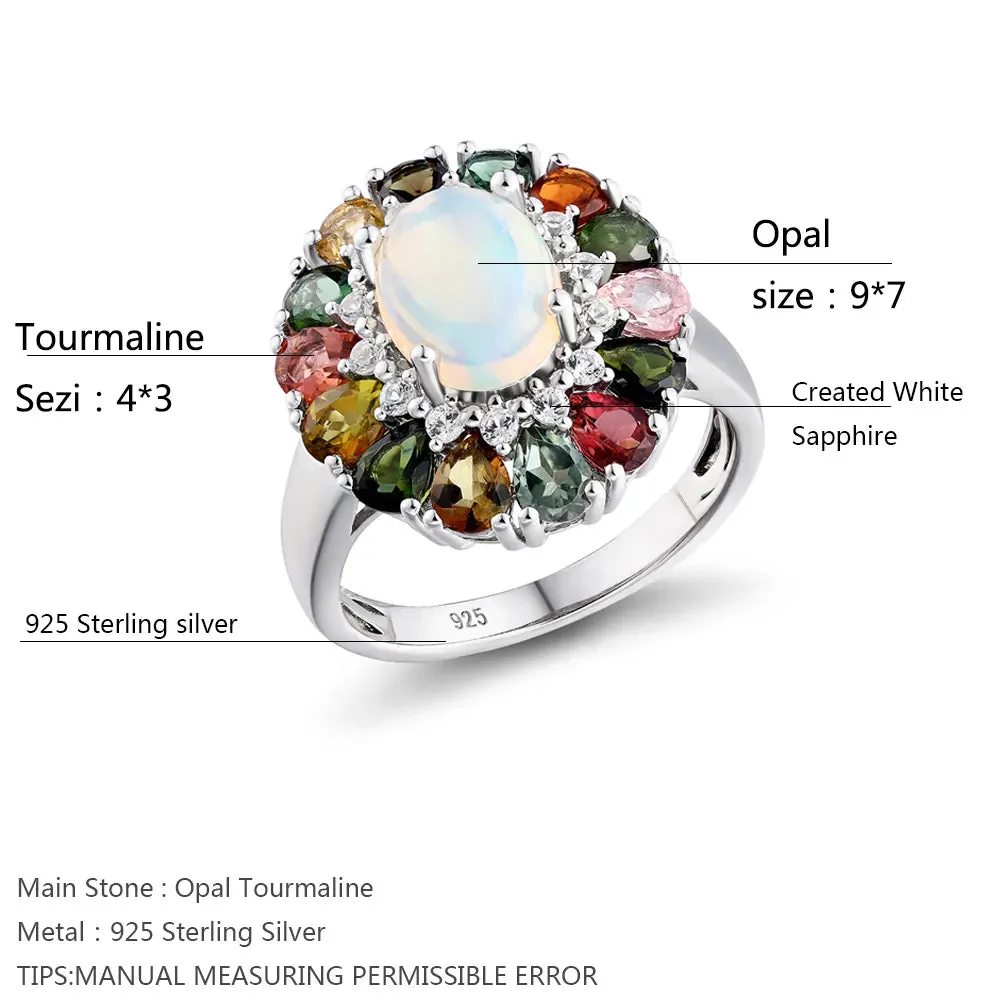 Flower Opal and Tourmaline 925 Sterling Silver Ring