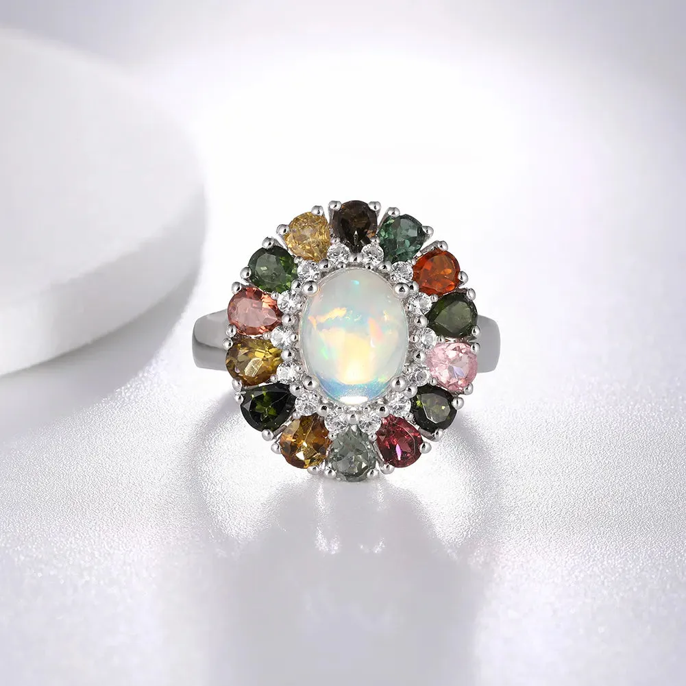 Flower Opal and Tourmaline 925 Sterling Silver Ring