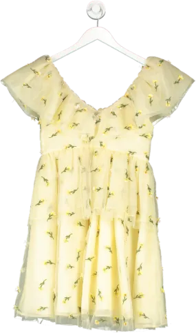 Ganni Yellow Bliss Embroidered Mesh Minidress In Aeise Flower UK 12