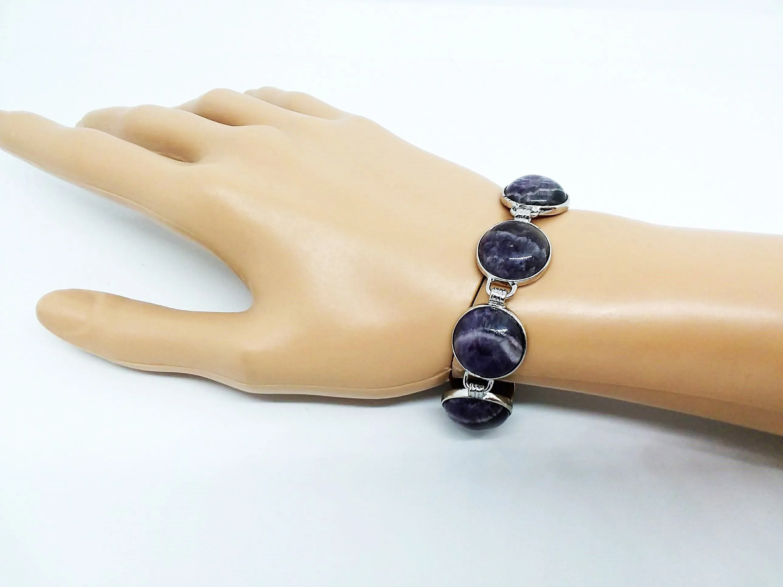 Gemstone Bracelet 7 Stone Amethyst Link Bracelet 7 3/4 length Brass Toggle Clasp Bar