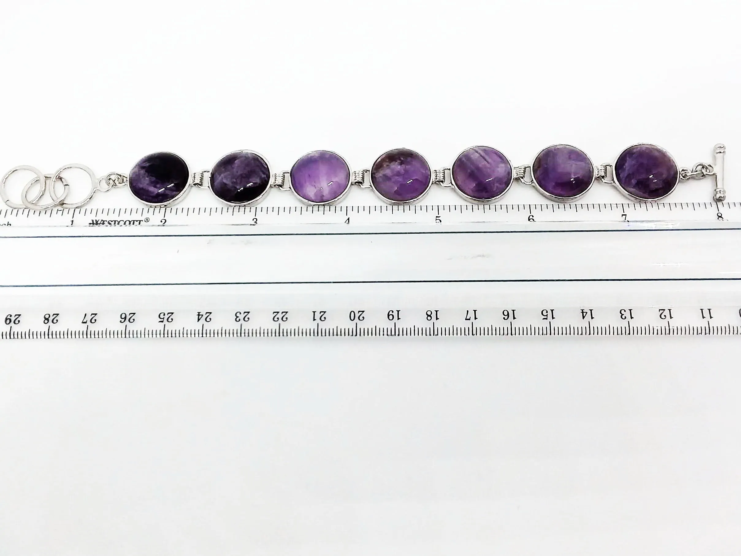 Gemstone Bracelet 7 Stone Amethyst Link Bracelet 7 3/4 length Brass Toggle Clasp Bar